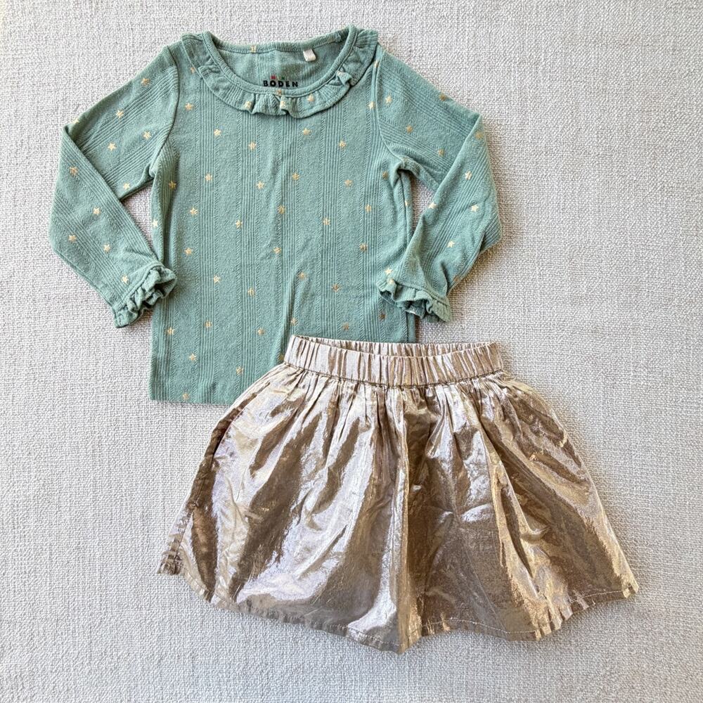 Mini Boden Green Top & Gold Skirt Outfit VGUC 3/4